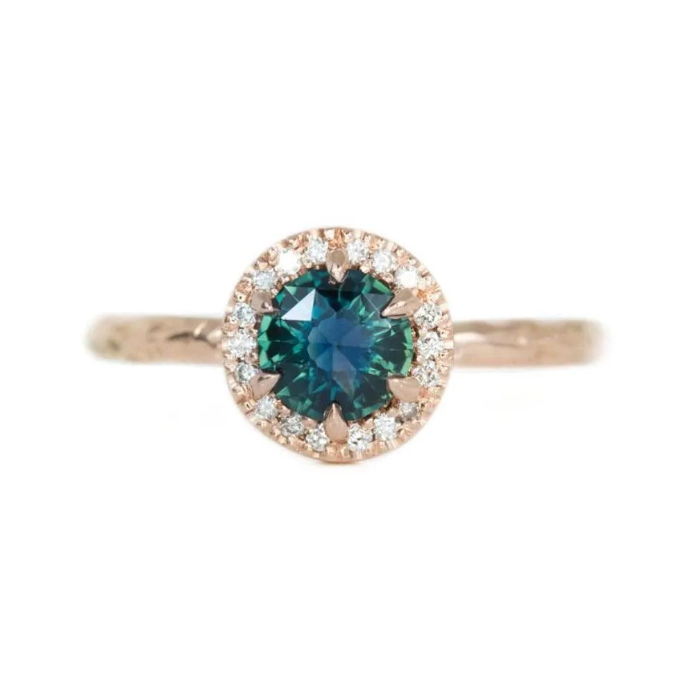 1.0ct Round Double Rosecut Australian Sapphire in Evergreen Rose Gold Low Profile Diamond Halo Ring by Anueva Jewelry