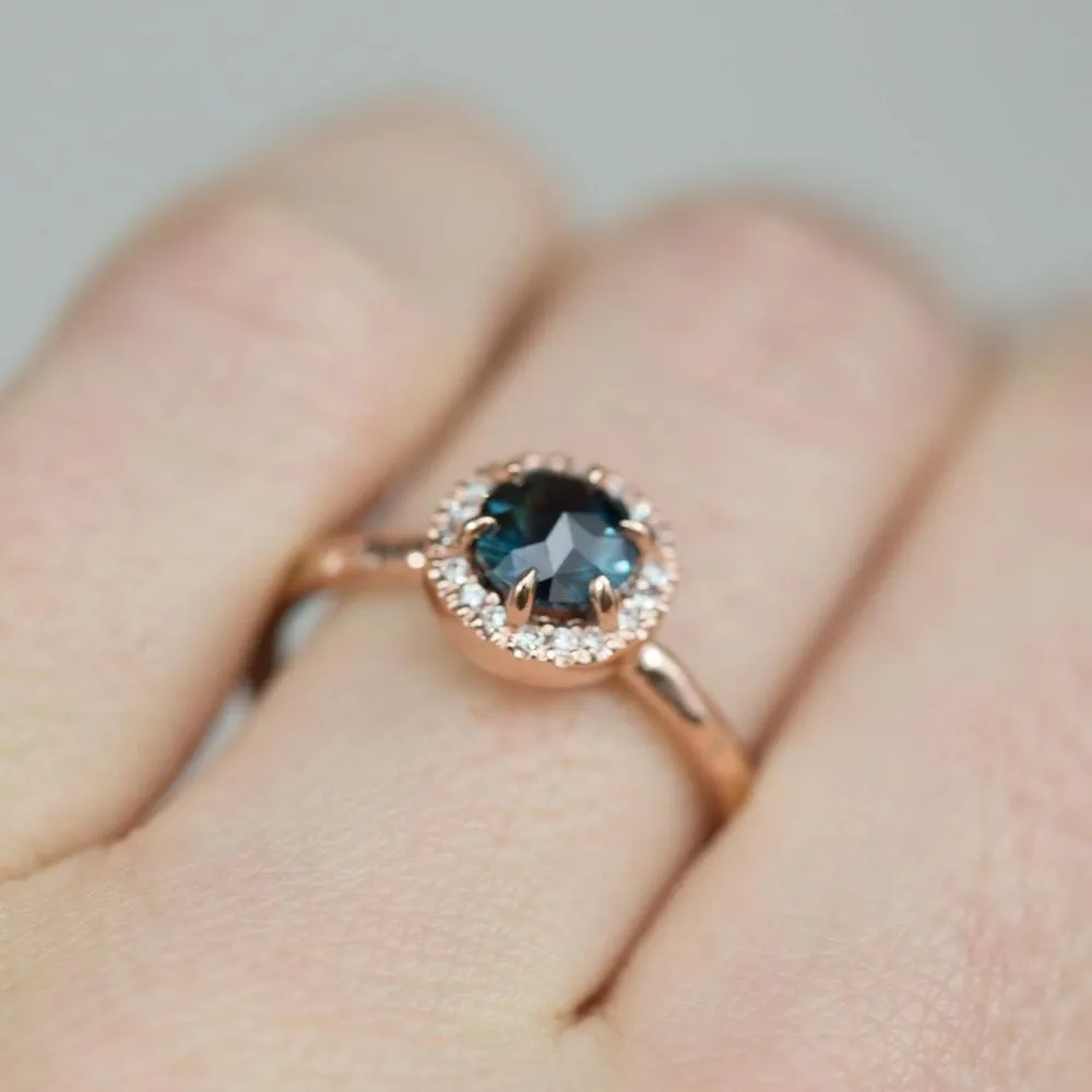 1.0ct Round Double Rosecut Australian Sapphire in Evergreen Rose Gold Low Profile Diamond Halo Ring by Anueva Jewelry