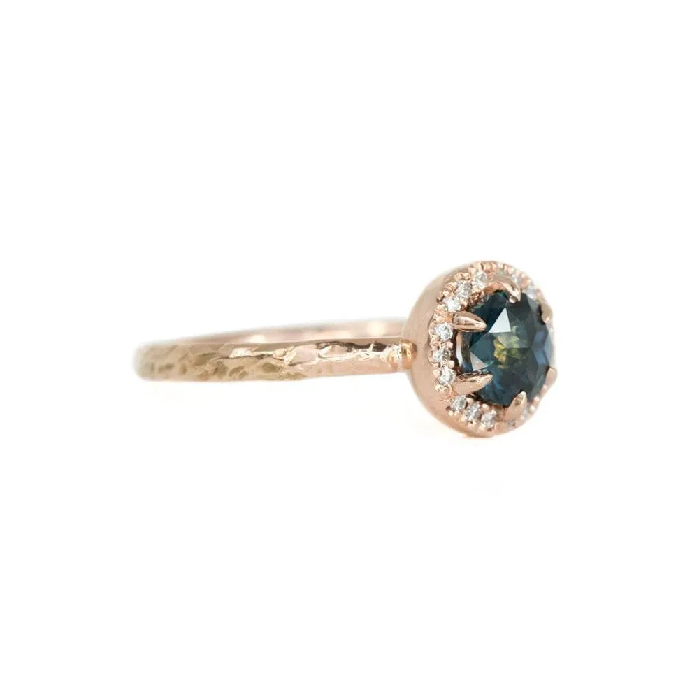 1.0ct Round Double Rosecut Australian Sapphire in Evergreen Rose Gold Low Profile Diamond Halo Ring by Anueva Jewelry