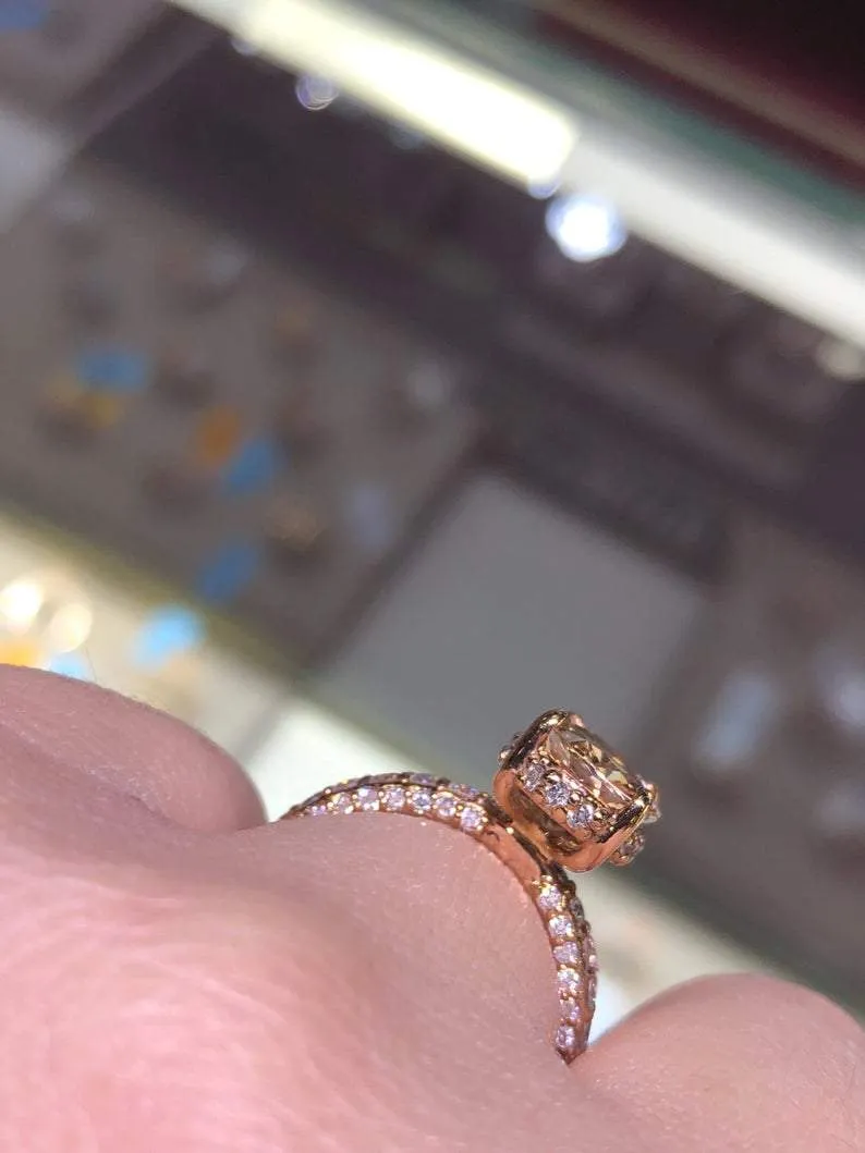 14K Gold Diamond Under Halo with 2.50 Carat Oval Morganite Engagement Ring