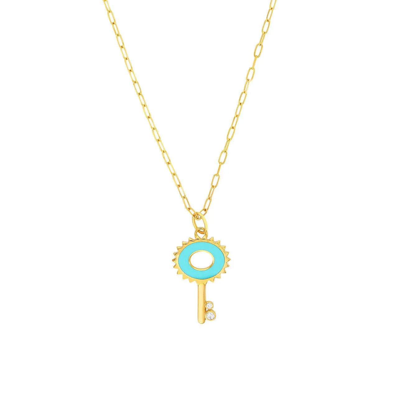 14K Gold Enamel Key Diamond Paper Clip Pendant