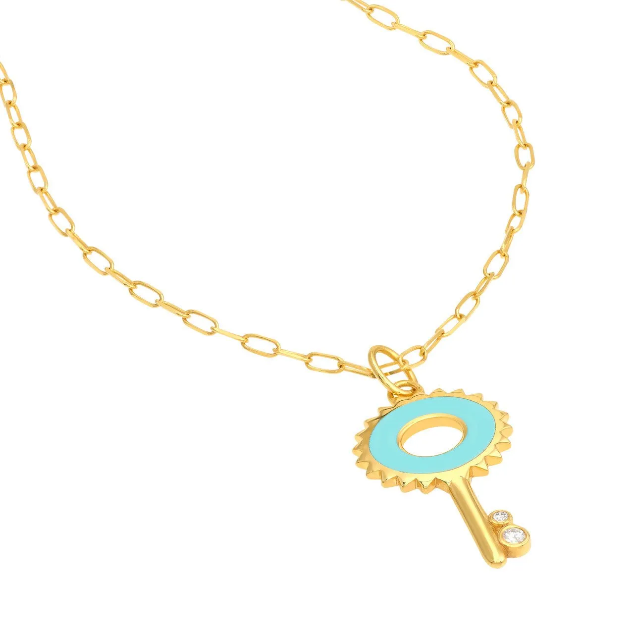 14K Gold Enamel Key Diamond Paper Clip Pendant