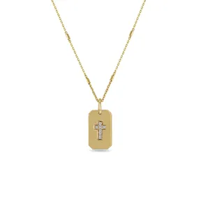 14k Pavé Diamond Cross Small Square Edge Dog Tag Necklace