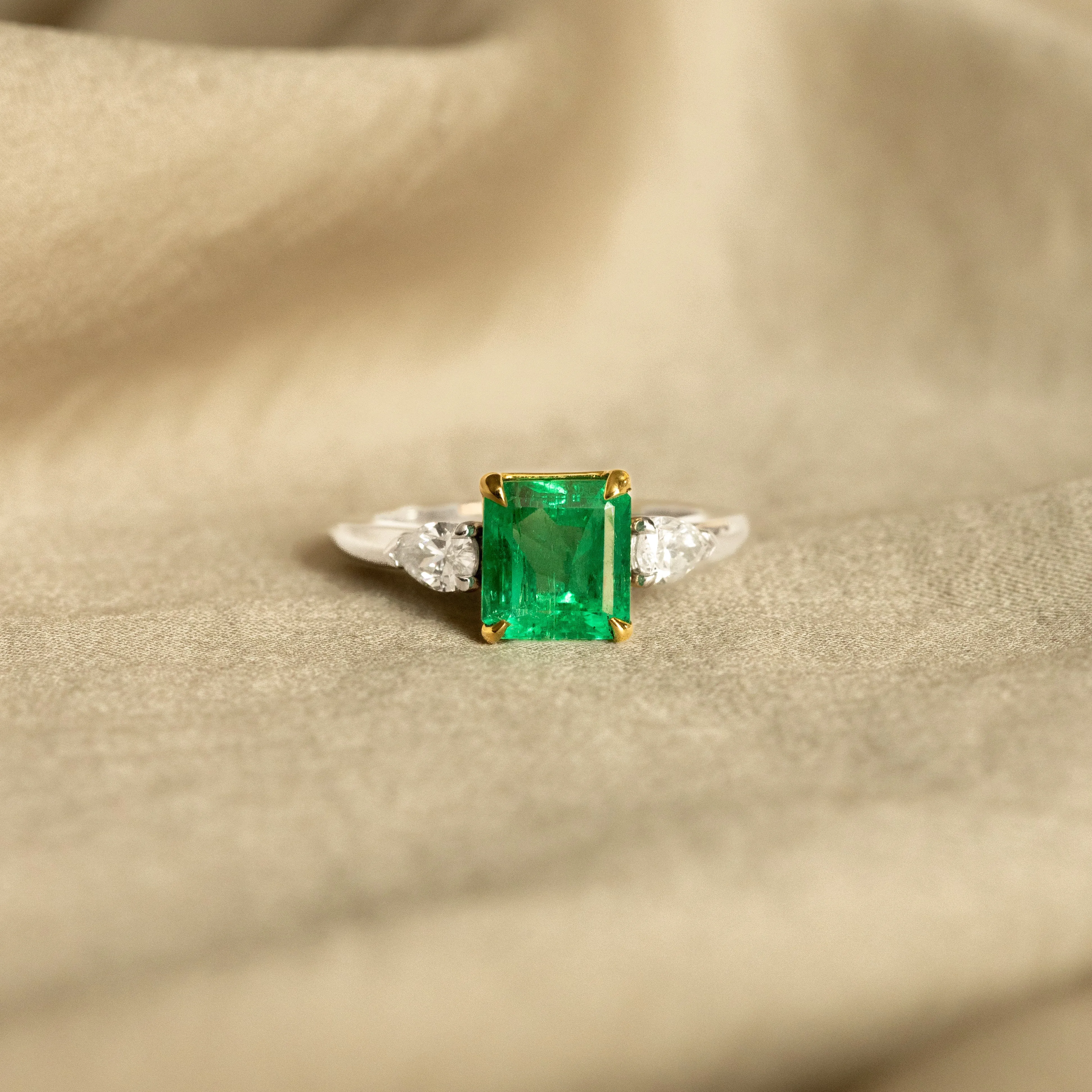 1.85 Carat Colombian Emerald Pear Diamond Three Stone Ring