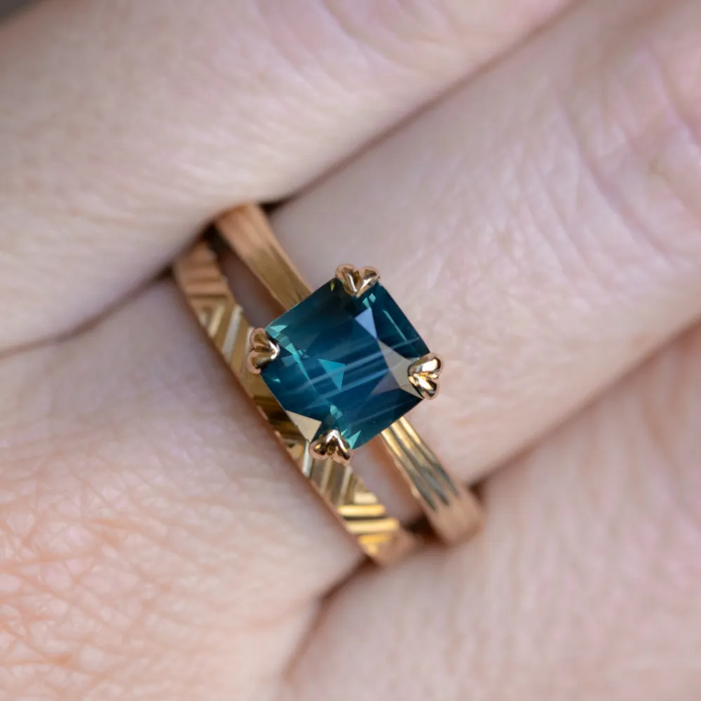 2.33ct Teal Cushion Cut Sapphire Low Profile Tri-Band Three Winds Double Prong Tapered Solitaire in 14k Yellow Gold