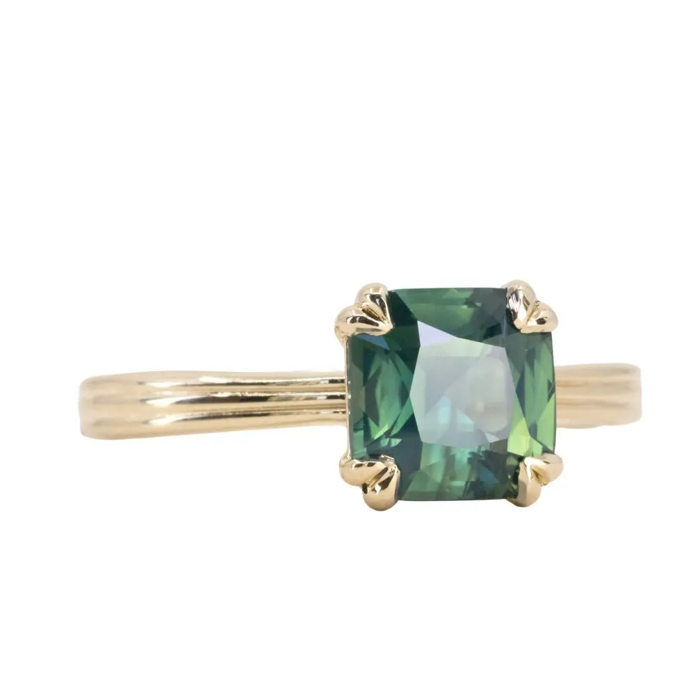 2.33ct Teal Cushion Cut Sapphire Low Profile Tri-Band Three Winds Double Prong Tapered Solitaire in 14k Yellow Gold