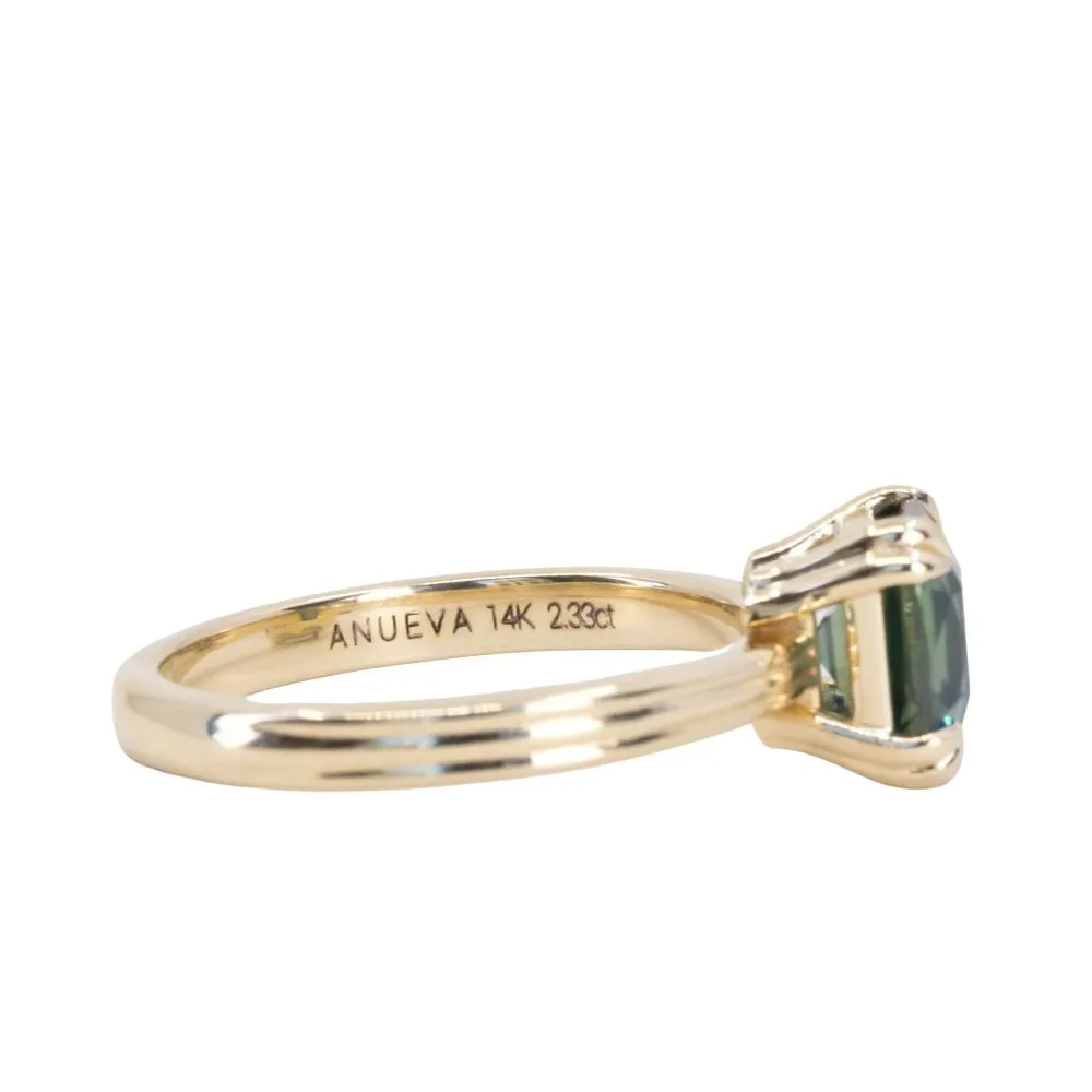 2.33ct Teal Cushion Cut Sapphire Low Profile Tri-Band Three Winds Double Prong Tapered Solitaire in 14k Yellow Gold