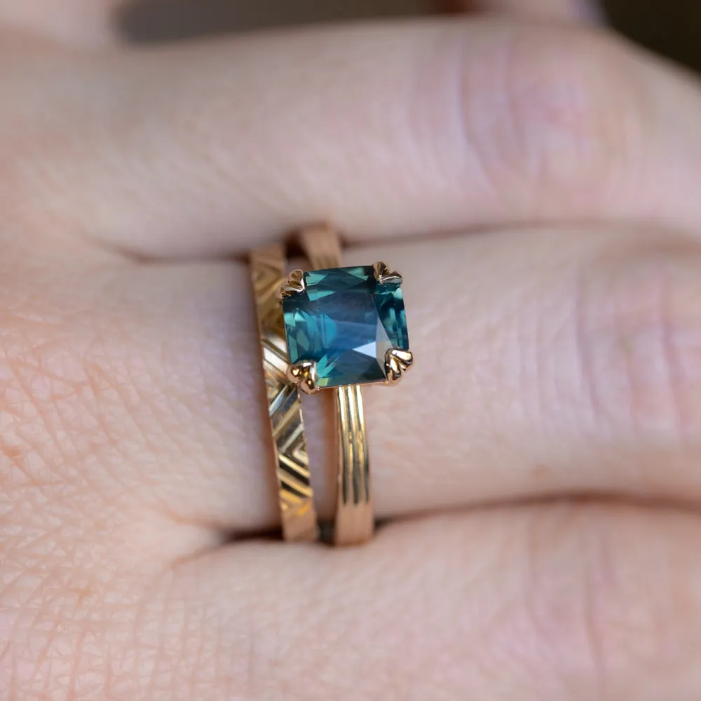 2.33ct Teal Cushion Cut Sapphire Low Profile Tri-Band Three Winds Double Prong Tapered Solitaire in 14k Yellow Gold