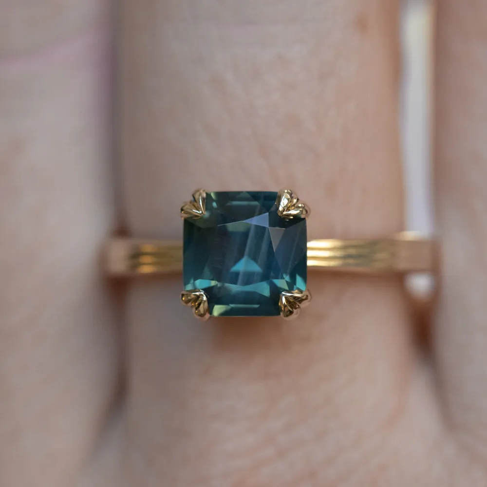 2.33ct Teal Cushion Cut Sapphire Low Profile Tri-Band Three Winds Double Prong Tapered Solitaire in 14k Yellow Gold