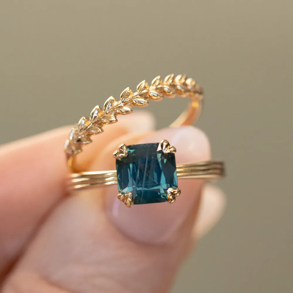 2.33ct Teal Cushion Cut Sapphire Low Profile Tri-Band Three Winds Double Prong Tapered Solitaire in 14k Yellow Gold