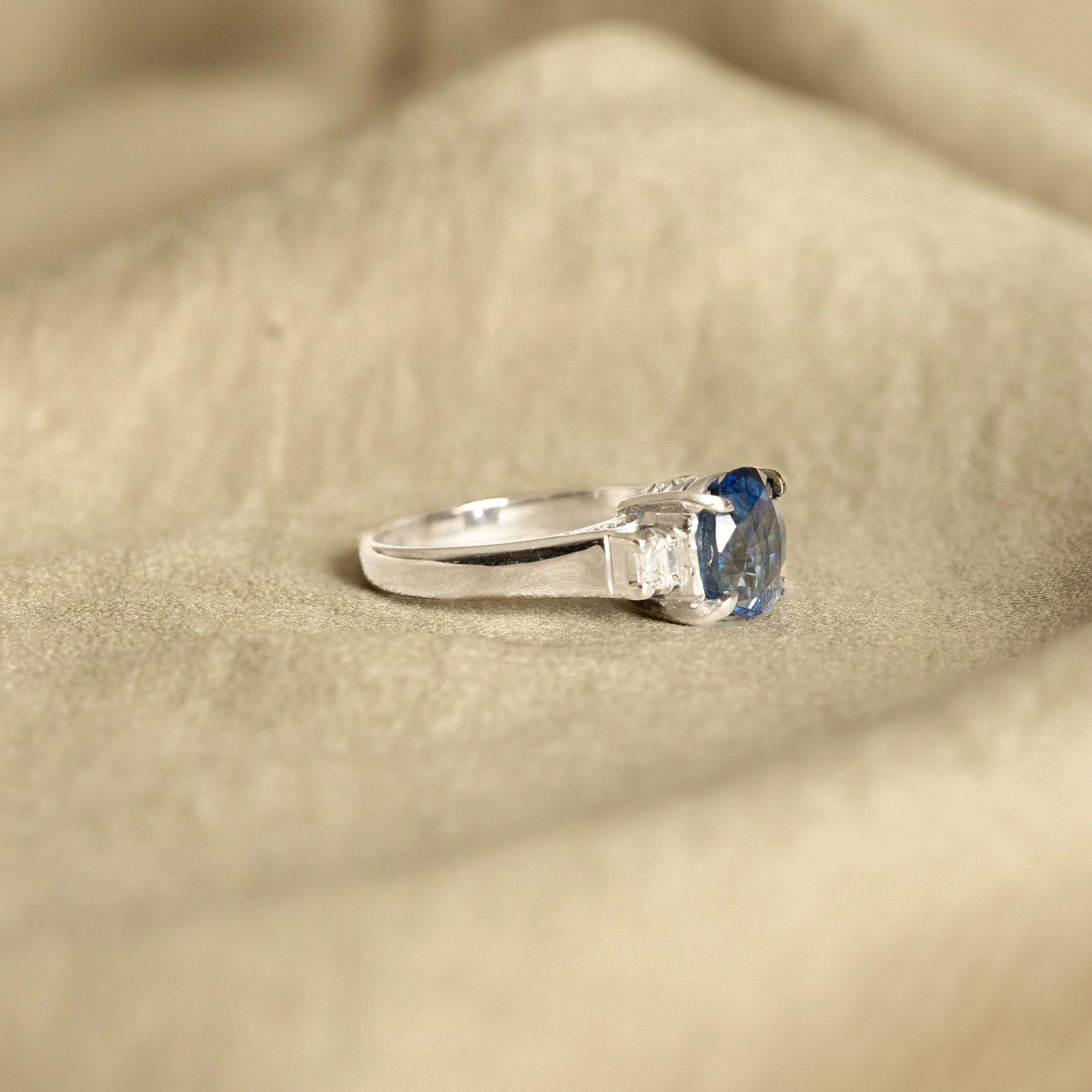 2.79 Carat Oval Natural Sapphire Diamond Three Stone Ring