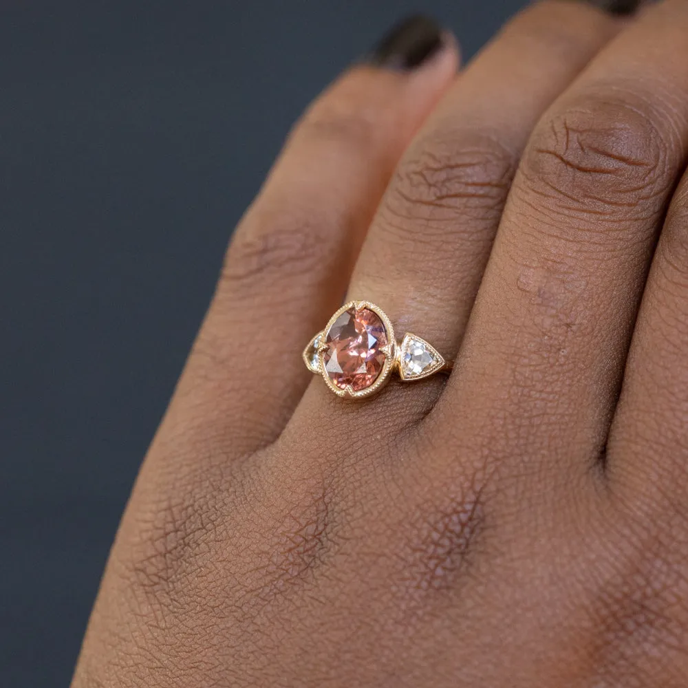 2.85ct Dusty Rose and Champagne Zircon Three Stone Antique Milgrain Low Profile Ring in 14k Yellow Gold