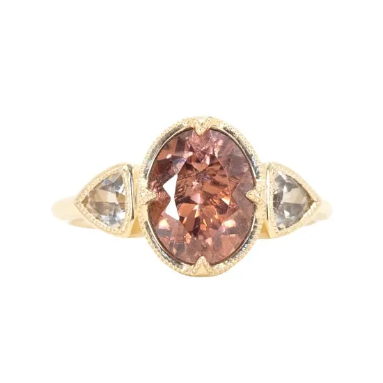 2.85ct Dusty Rose and Champagne Zircon Three Stone Antique Milgrain Low Profile Ring in 14k Yellow Gold