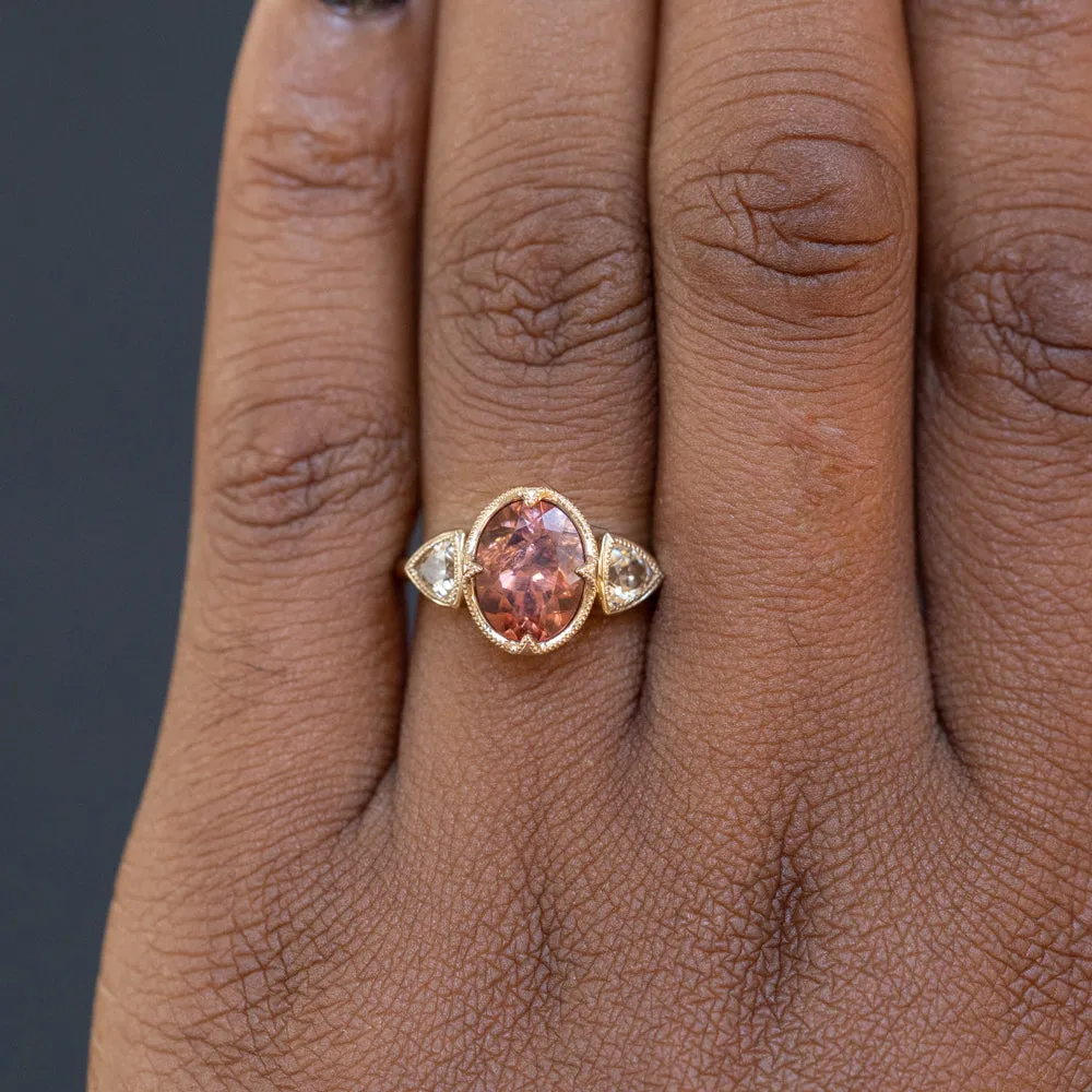 2.85ct Dusty Rose and Champagne Zircon Three Stone Antique Milgrain Low Profile Ring in 14k Yellow Gold