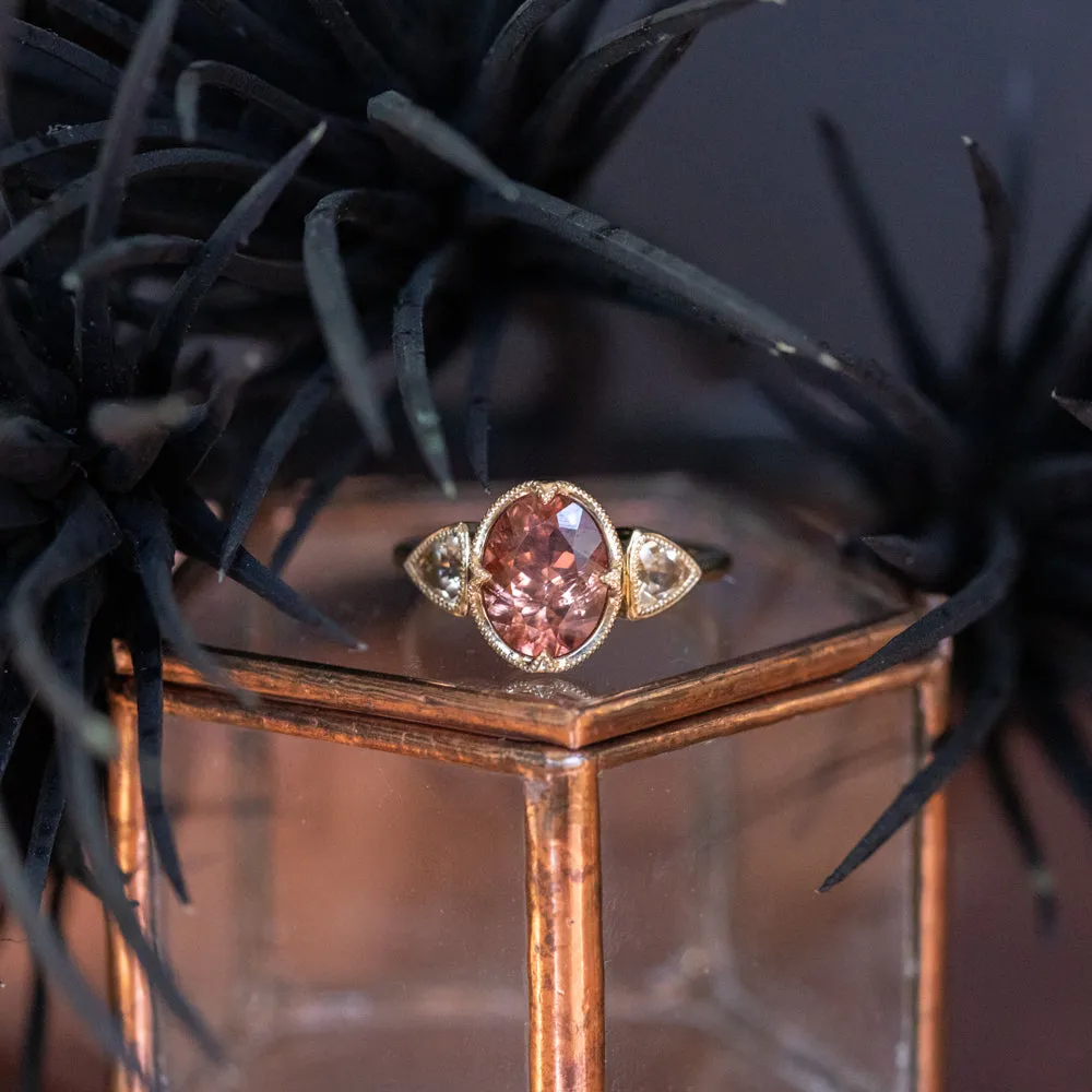 2.85ct Dusty Rose and Champagne Zircon Three Stone Antique Milgrain Low Profile Ring in 14k Yellow Gold