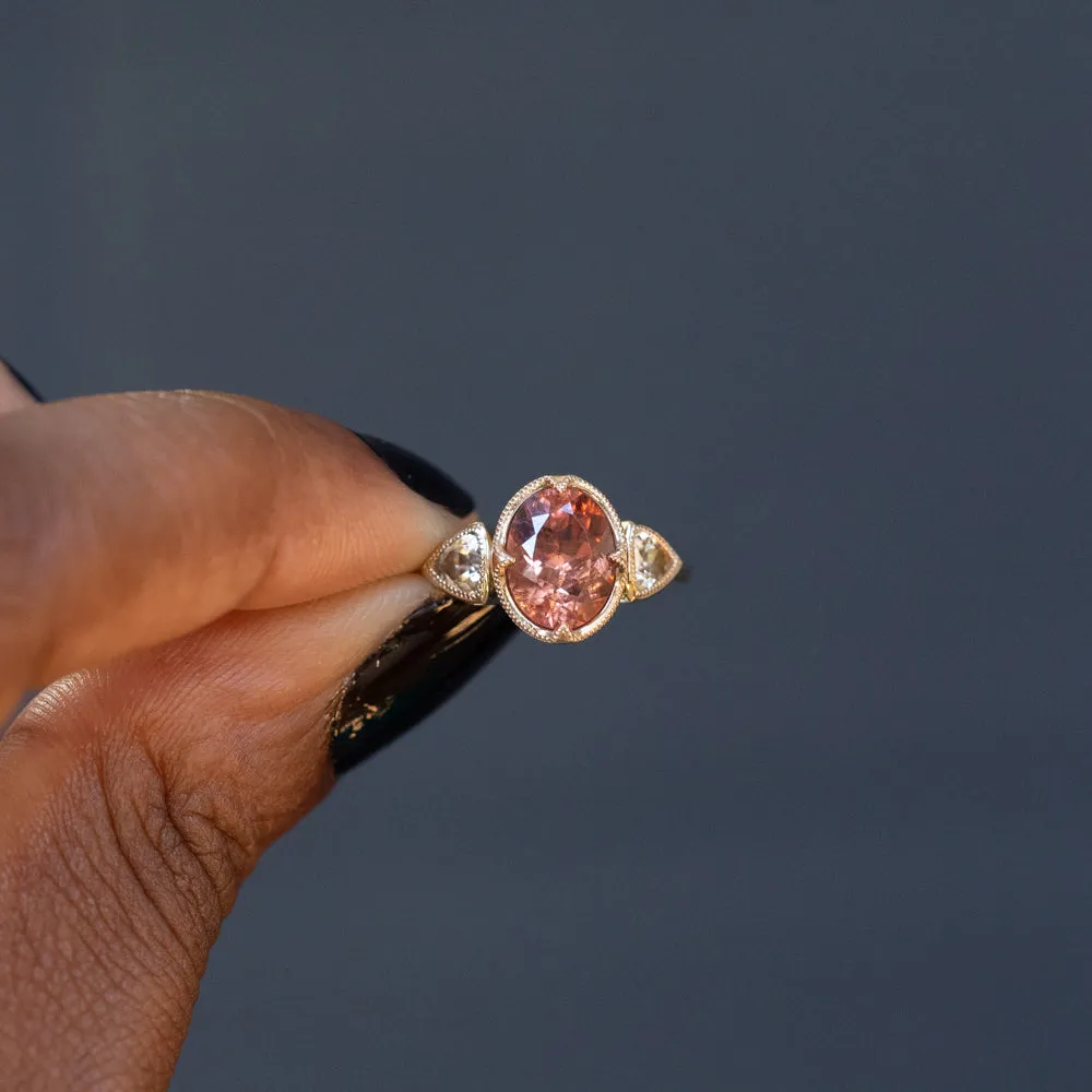 2.85ct Dusty Rose and Champagne Zircon Three Stone Antique Milgrain Low Profile Ring in 14k Yellow Gold