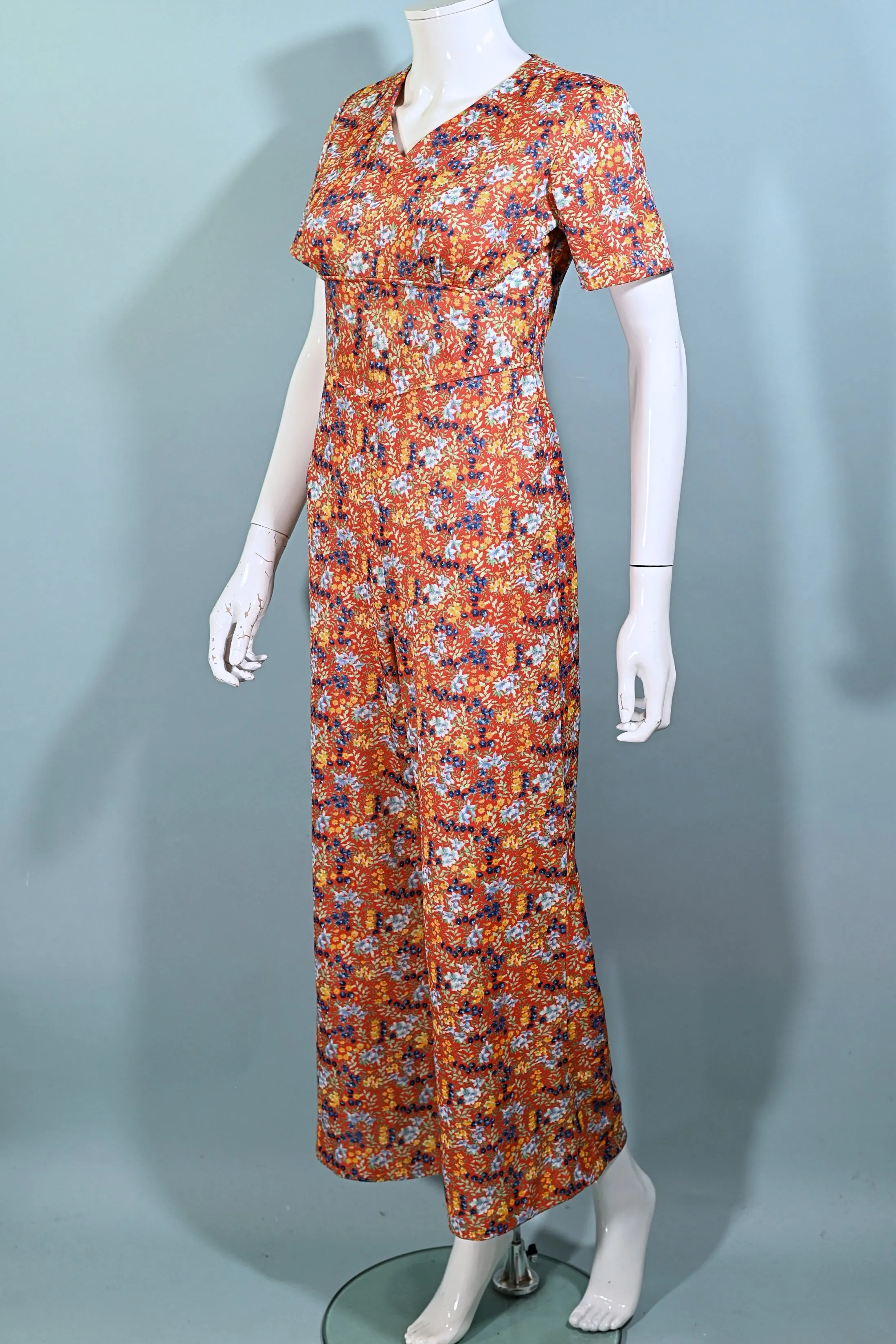 60s Floral Print Jumpsuit, Poly Ditzy Print Pants S