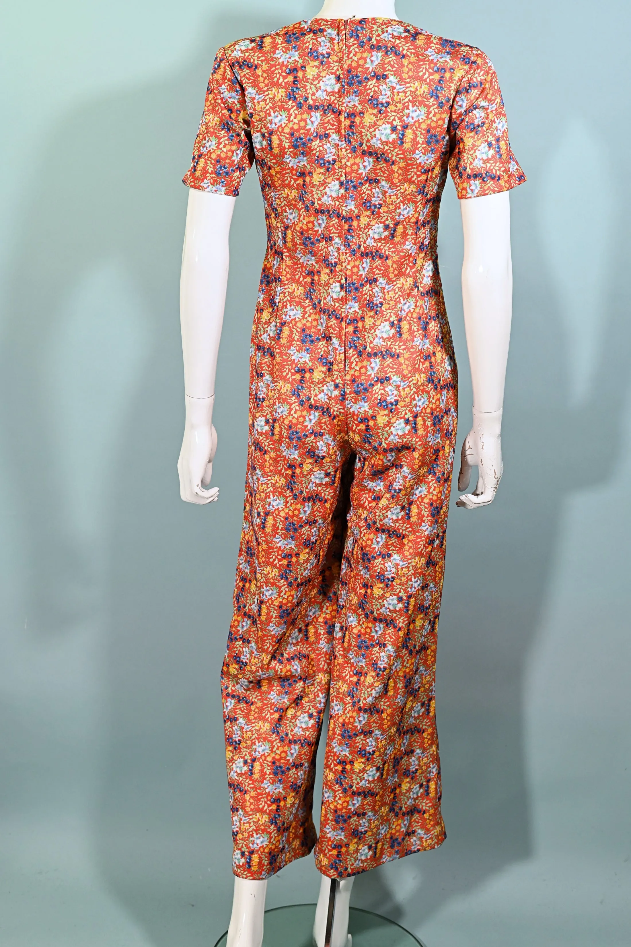 60s Floral Print Jumpsuit, Poly Ditzy Print Pants S