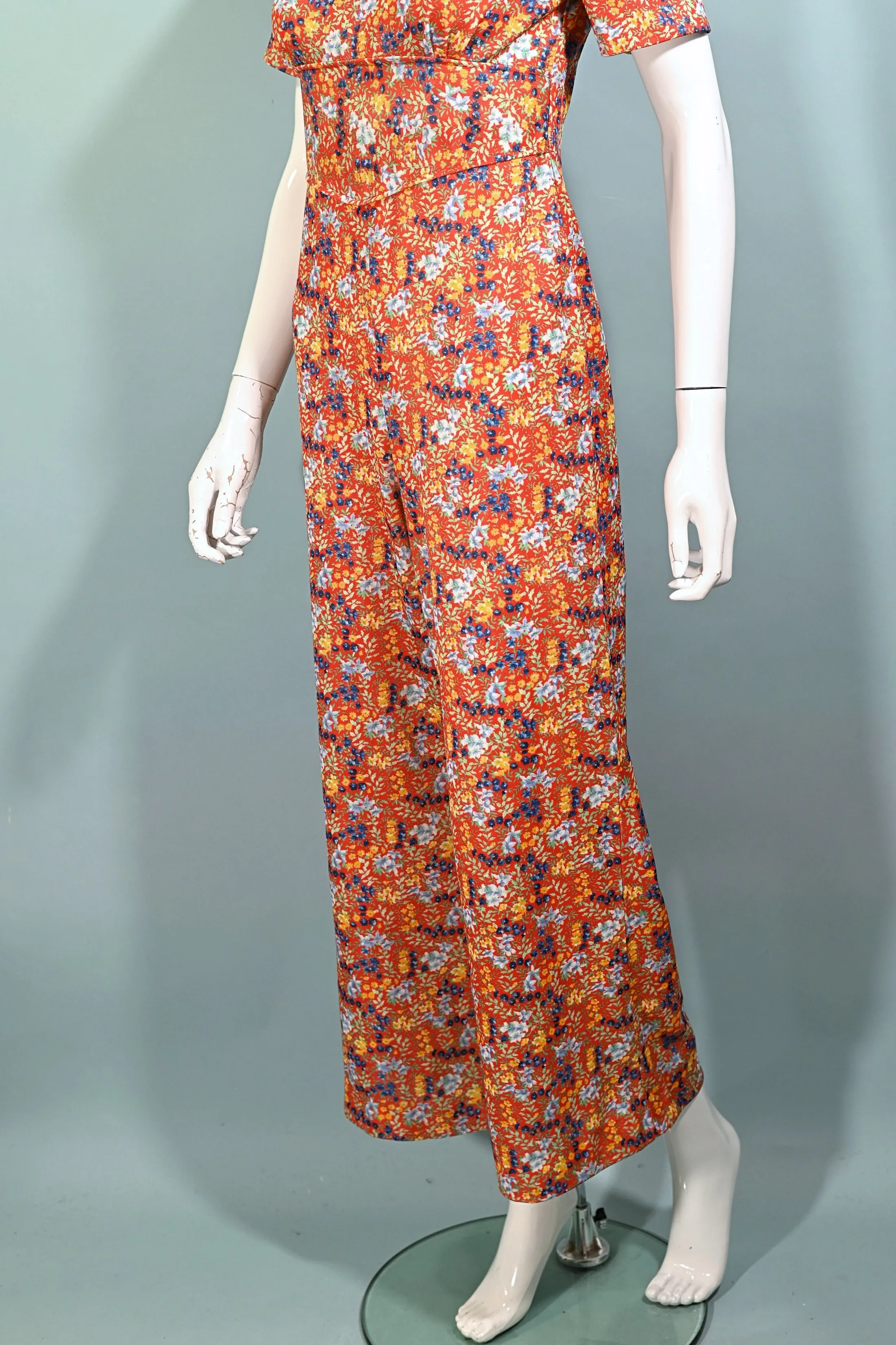 60s Floral Print Jumpsuit, Poly Ditzy Print Pants S