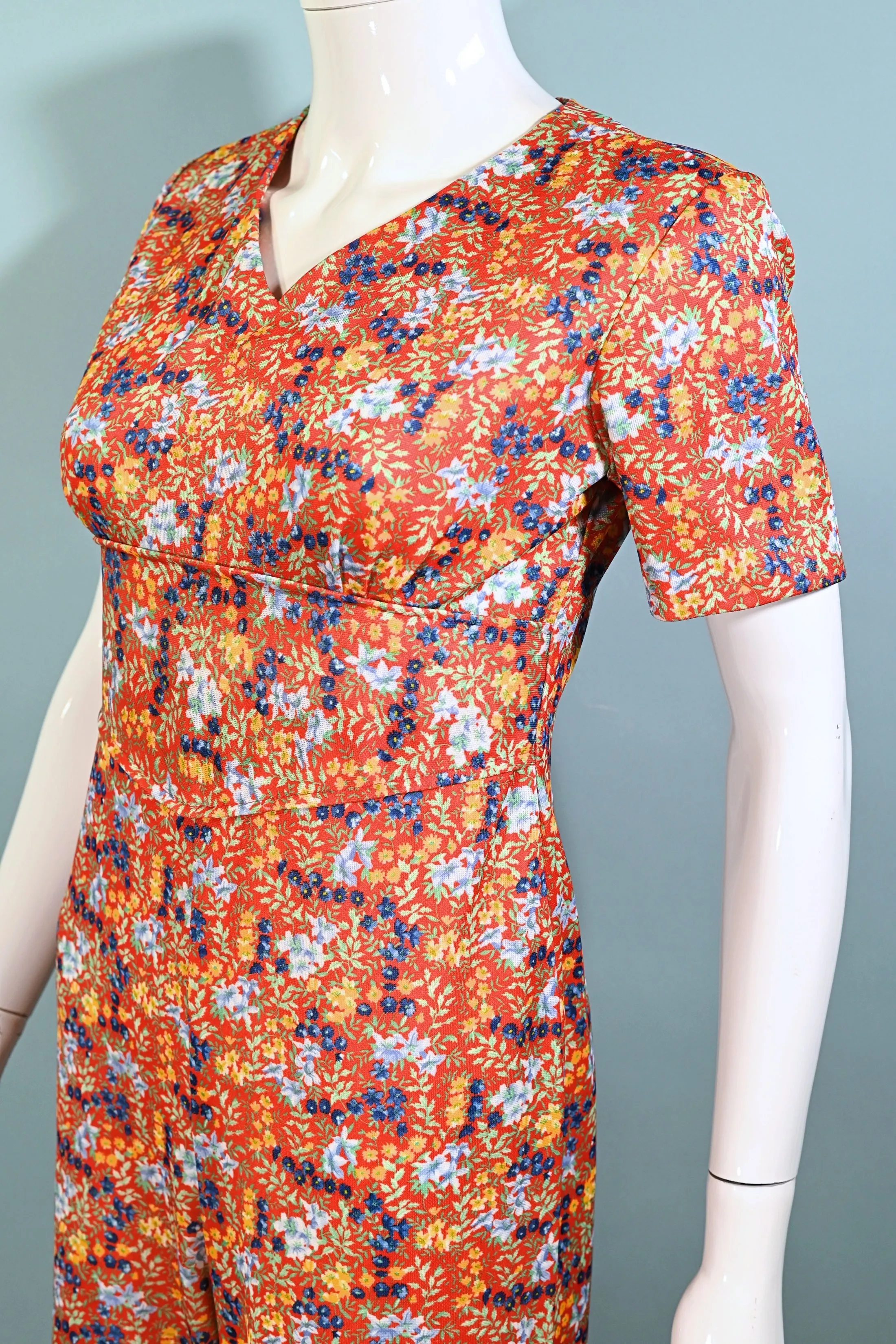 60s Floral Print Jumpsuit, Poly Ditzy Print Pants S