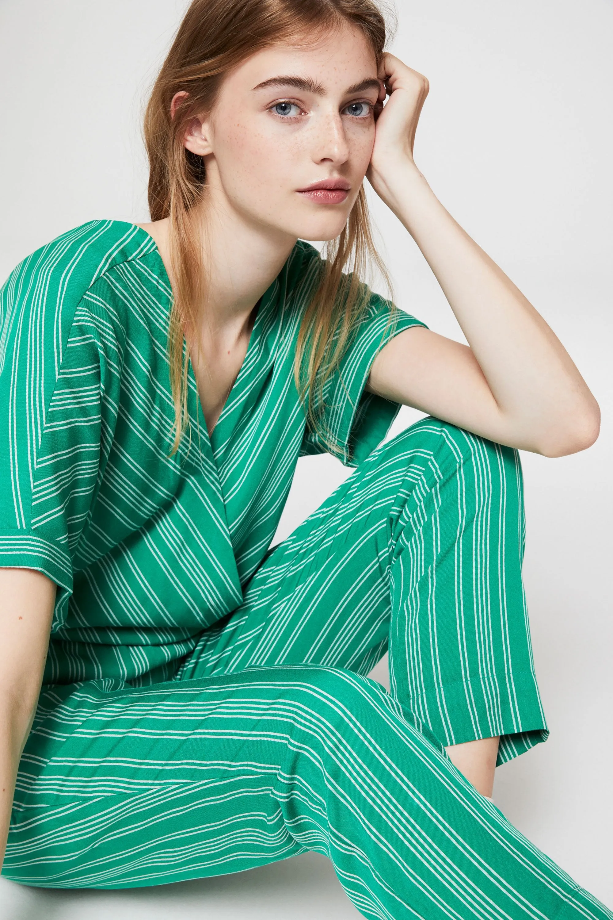 aarabella pair of stripes jumpsuit garden green <br> by ARMEDANGELS