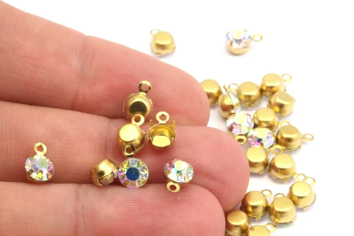 AB Rhinestone Charms, 12 AB  Rhinestone Charms with Raw Brass Setting for SS24 (5mm) Y361 Y159