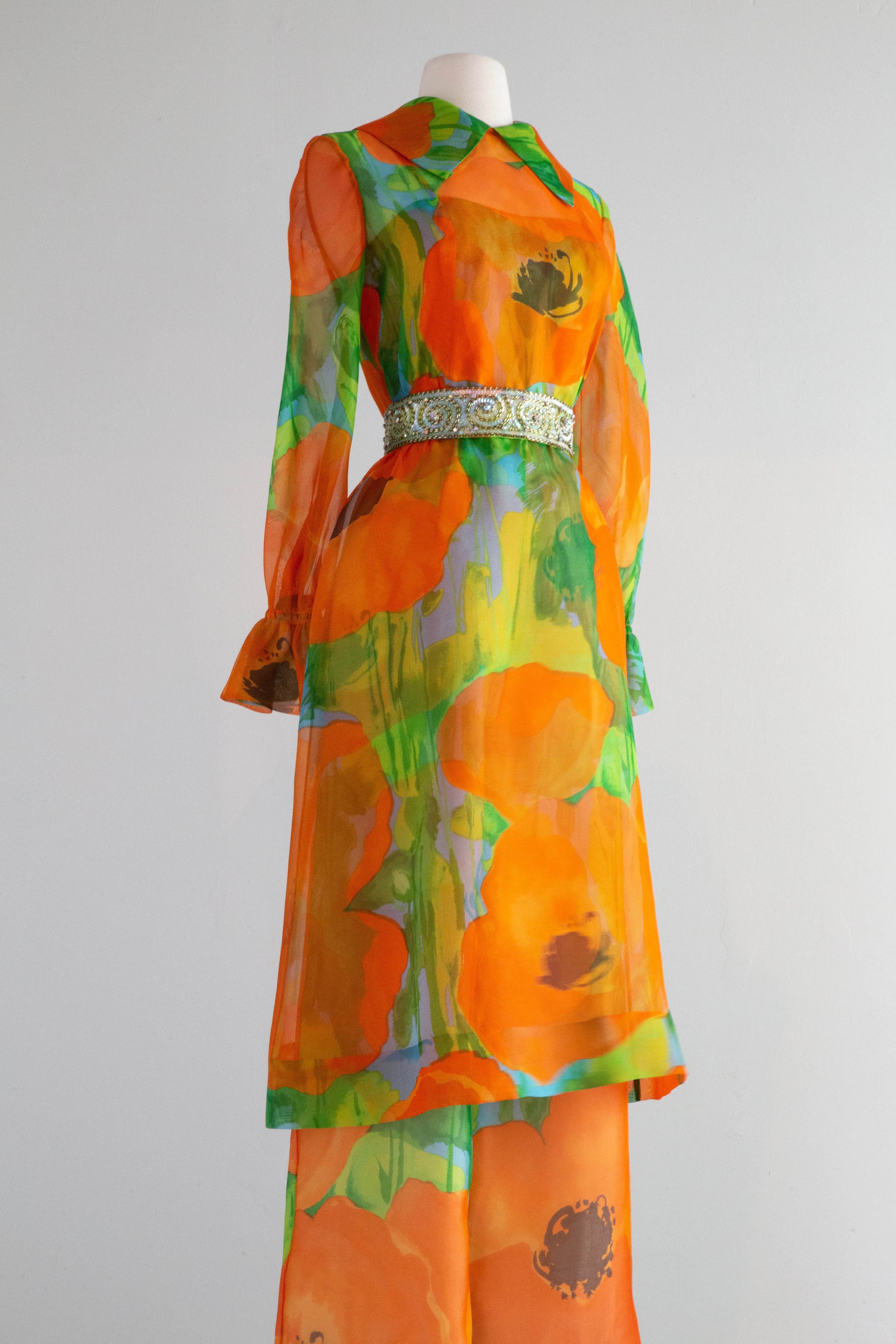 Absolutely FABULOUS 1960's Poppy Print Silk Jumpsuit / Small