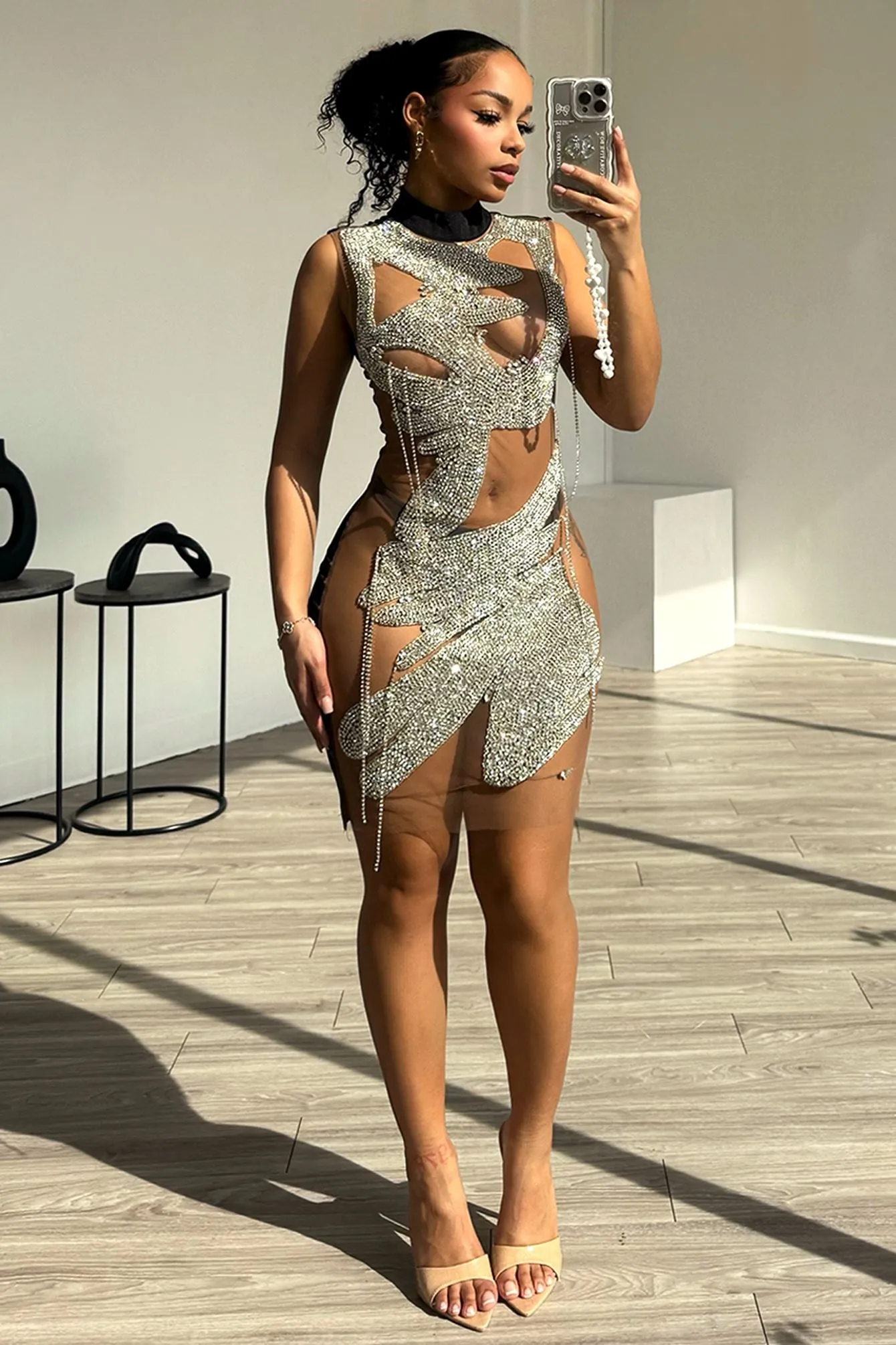 Angelica Rhinestone Mesh Contrast Mini Dress