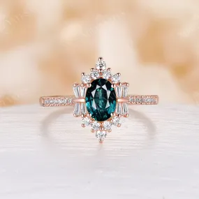 Art Deco Oval Blue Green Sapphire Rose Gold Cluster Engagement Ring