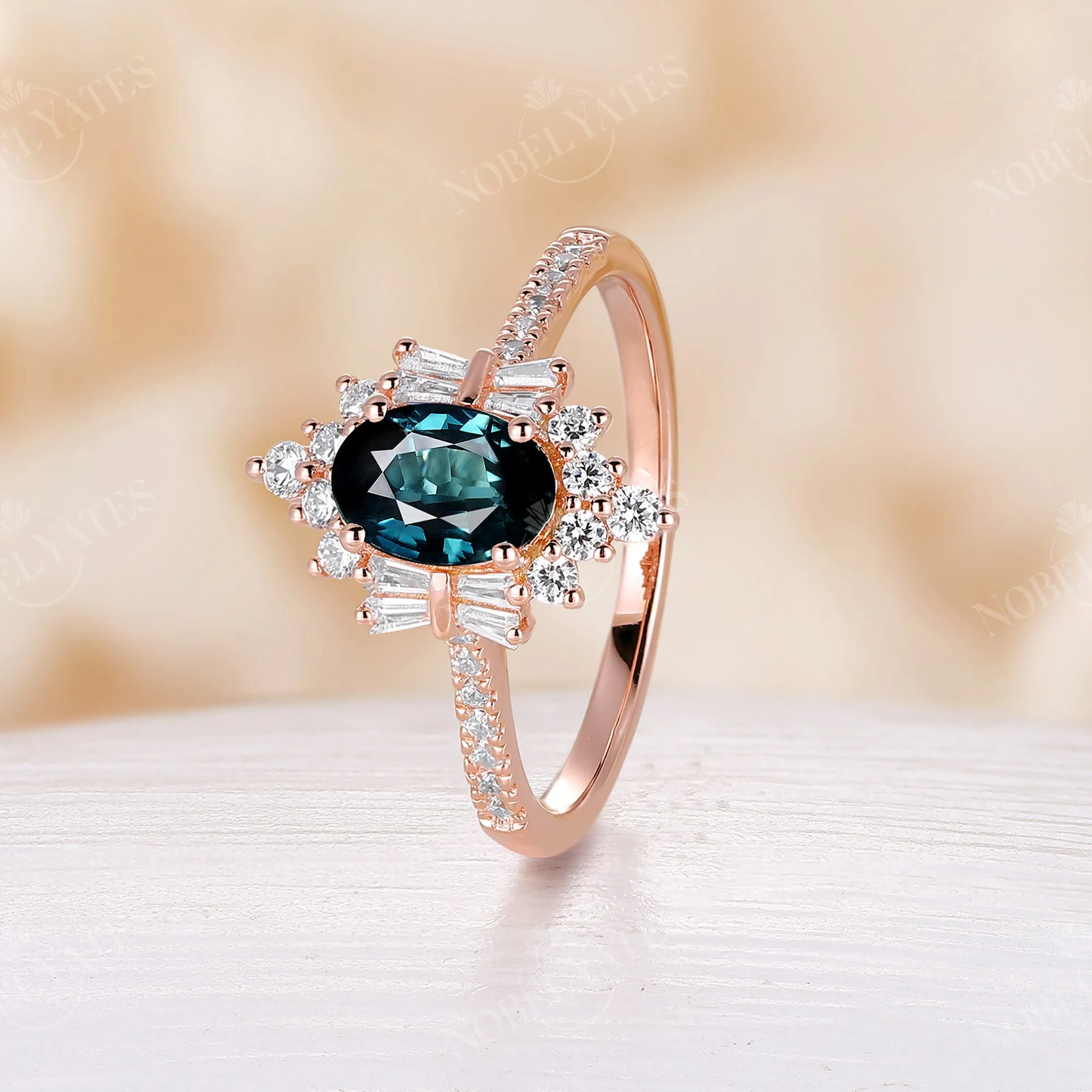 Art Deco Oval Blue Green Sapphire Rose Gold Cluster Engagement Ring