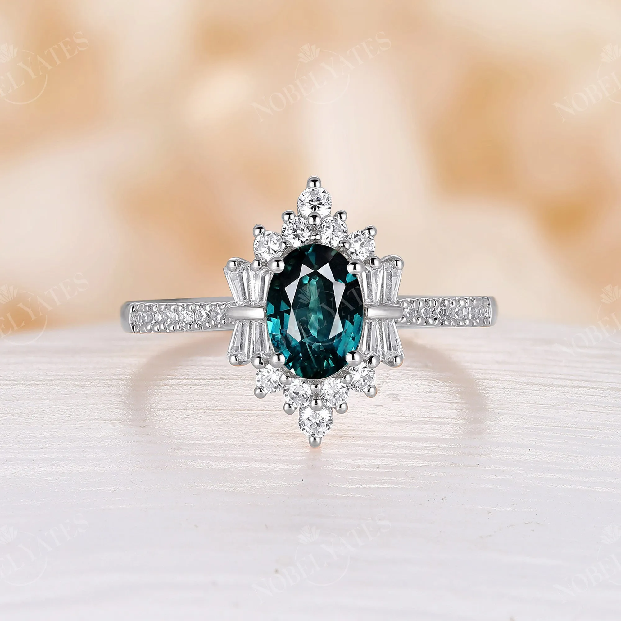 Art Deco Oval Blue Green Sapphire Rose Gold Cluster Engagement Ring