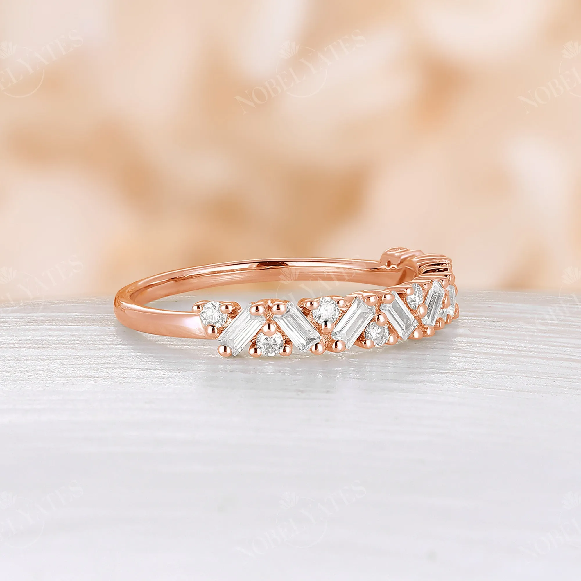 Baguette Shape Moissanite Art Deco Cluster Wedding Band Rose Gold