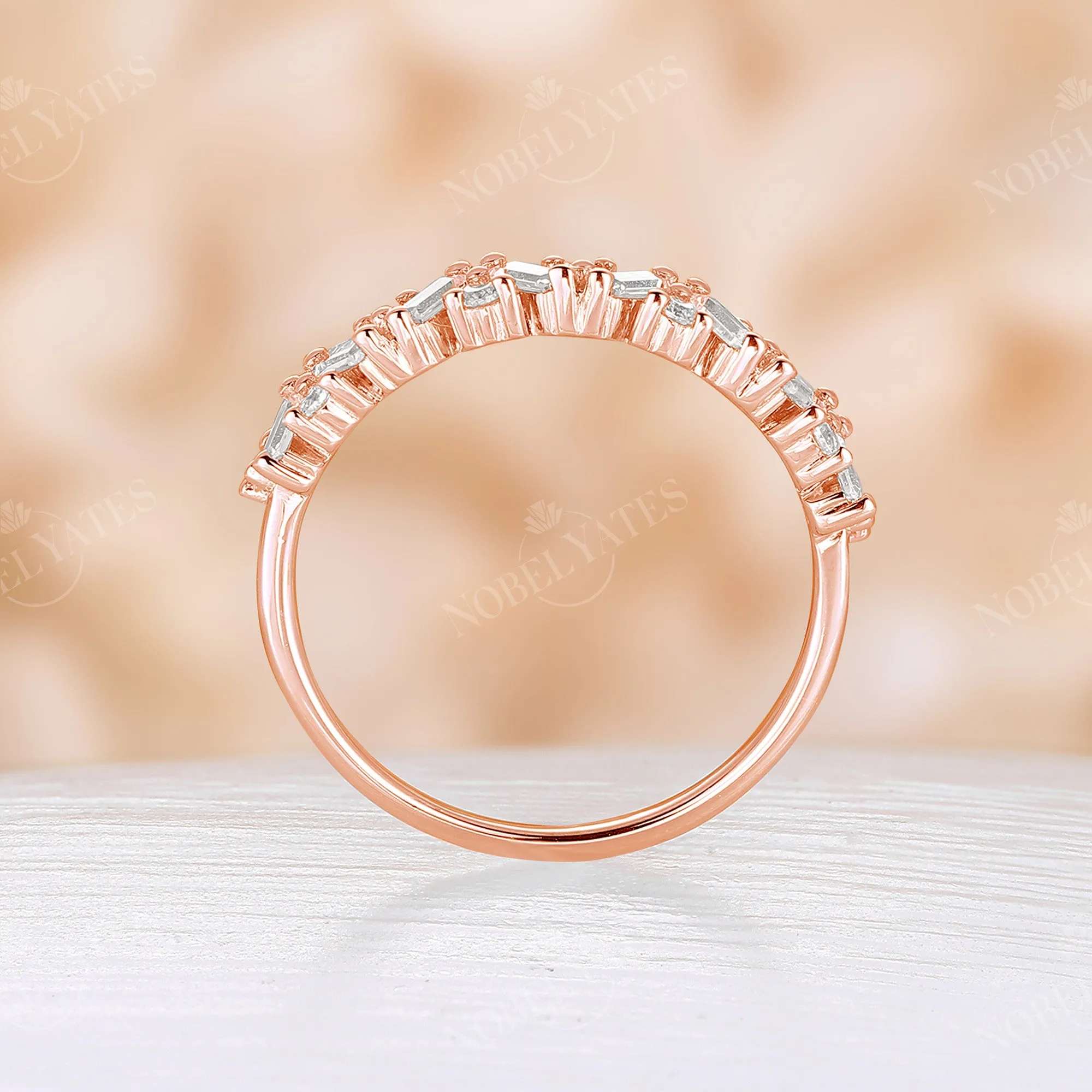 Baguette Shape Moissanite Art Deco Cluster Wedding Band Rose Gold