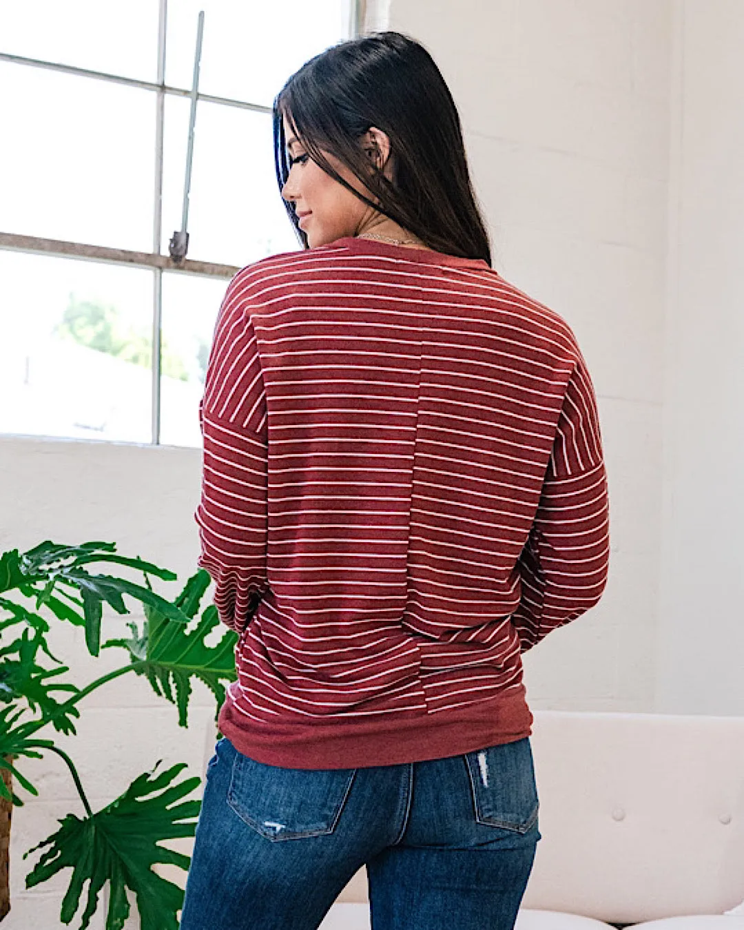 Believe It Brick Striped Drop Shoulder Top