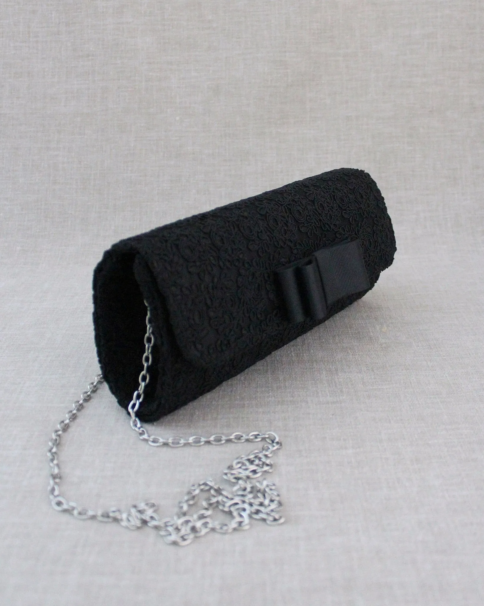 Black Crochet Evening Clutch with Tuxedo Bow