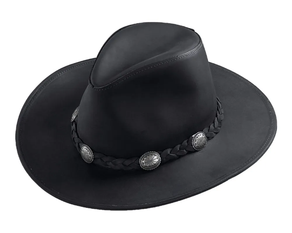 Black Leather Cowboy Hat With Leather Buckle Trim