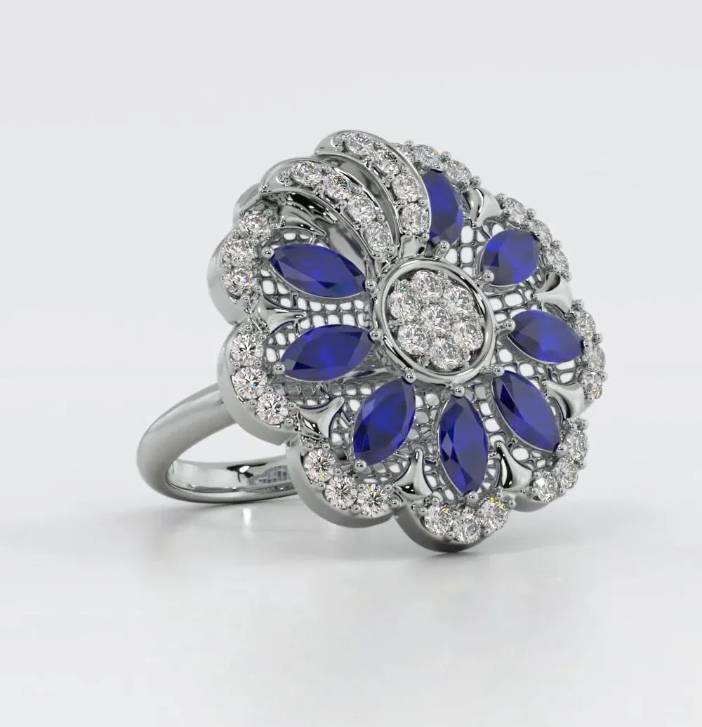 BLOSSOM - The Blue Stones Silver Ring (925 Sterling Silver)