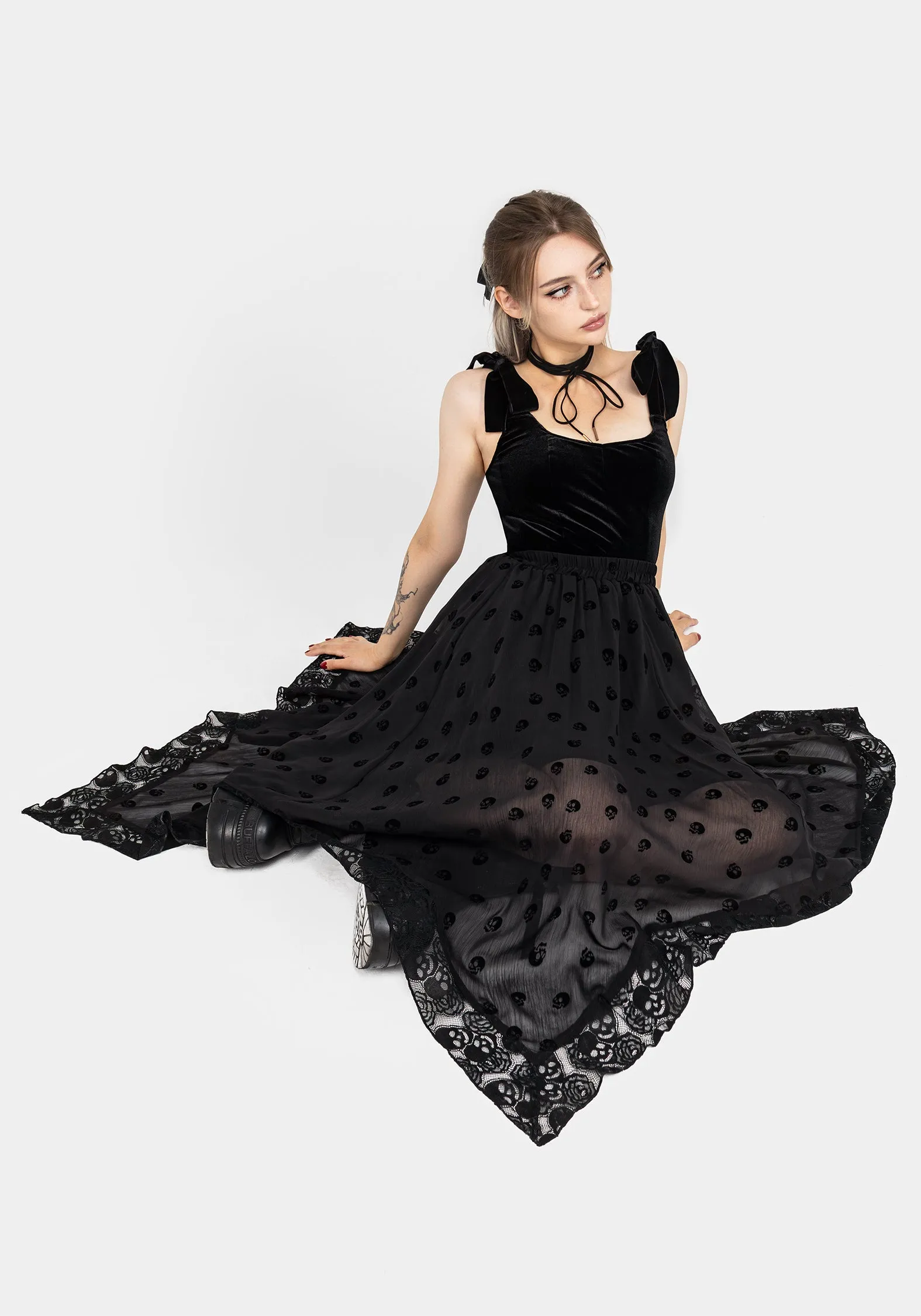 Bones Flocked Chiffon Handkerchief Hem Skirt