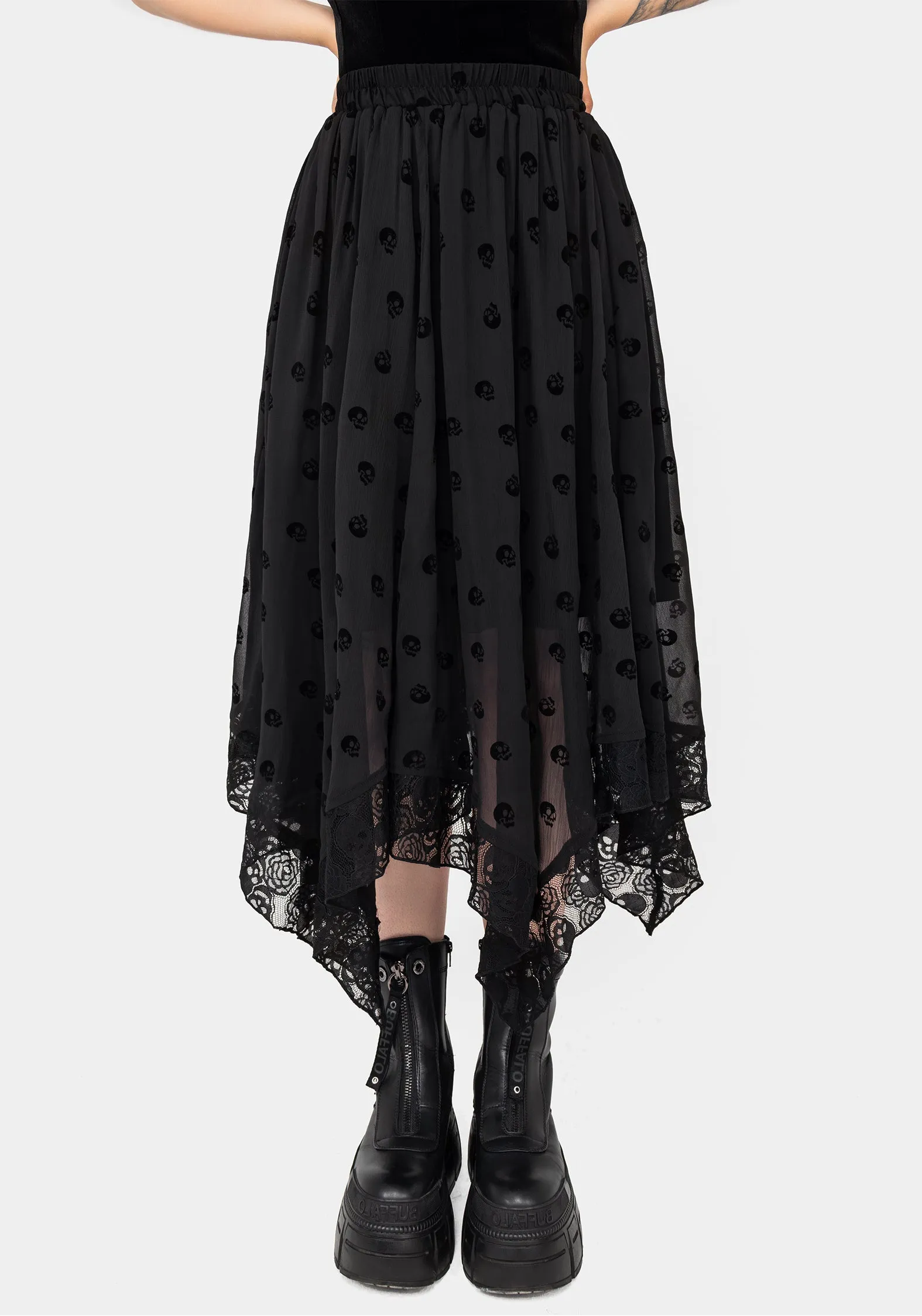 Bones Flocked Chiffon Handkerchief Hem Skirt