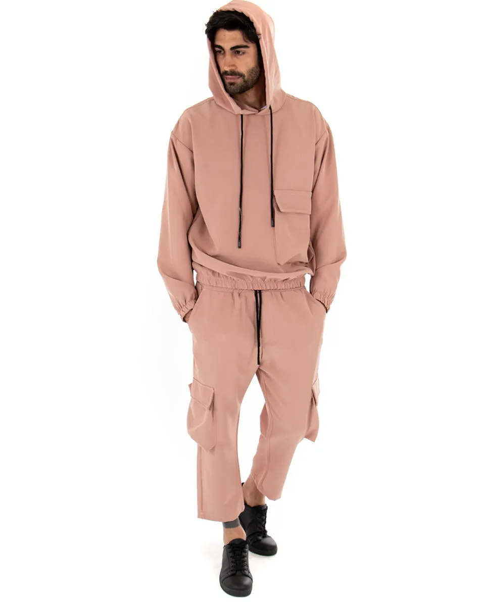 Completo Tuta Uomo Viscosa Rosa Relaxed Fit Felpa Con Cappuccio Pantaloni Cargo GIOSAL-OU1843A