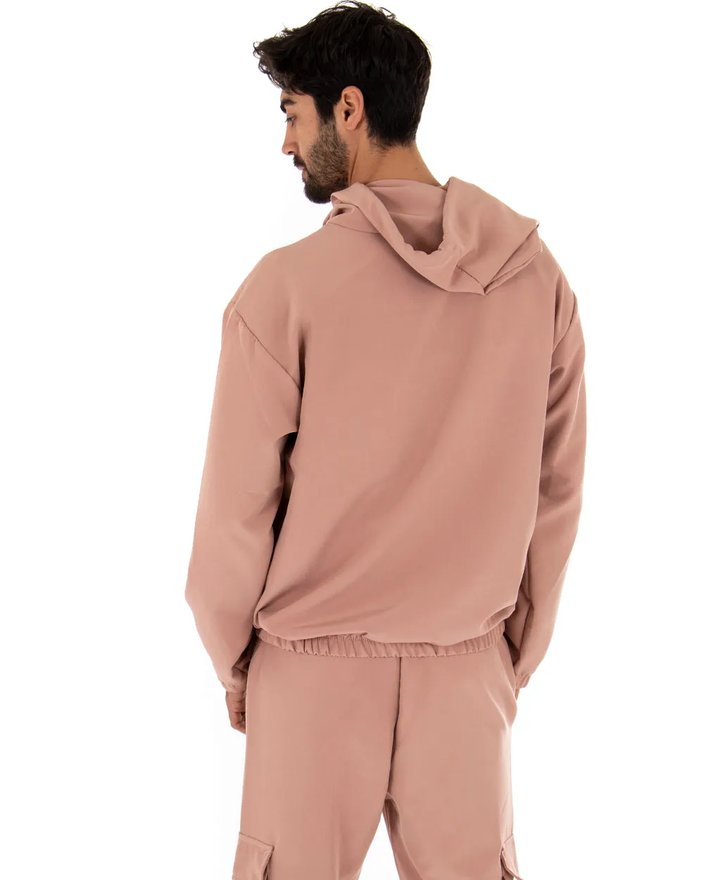 Completo Tuta Uomo Viscosa Rosa Relaxed Fit Felpa Con Cappuccio Pantaloni Cargo GIOSAL-OU1843A