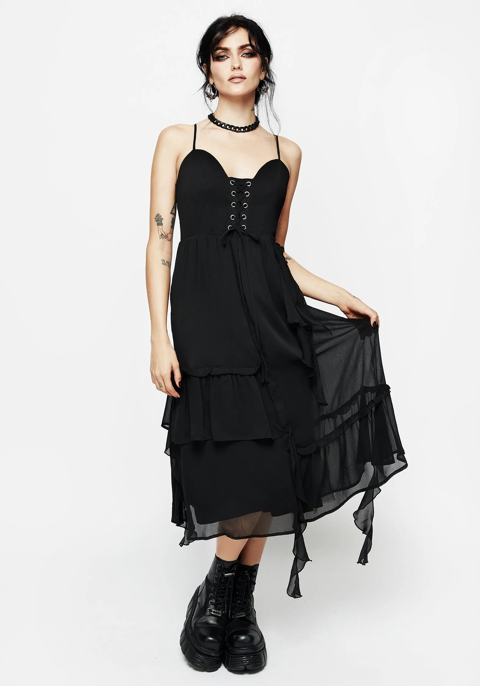 Corsair Lace Front Asymmetric Midi Dress