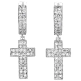 Diamond Cross Hoop Earrings in White Gold