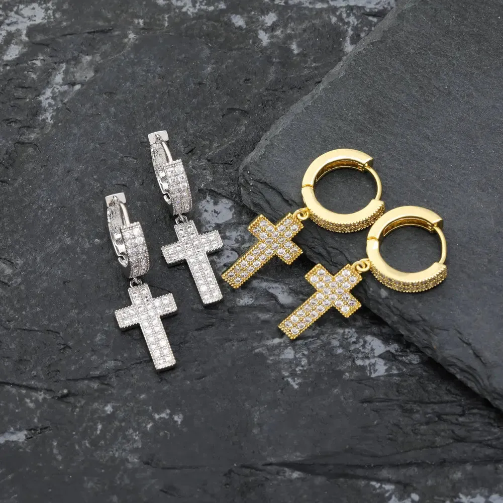 Diamond Cross Hoop Earrings in White Gold