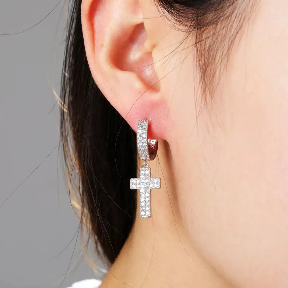 Diamond Cross Hoop Earrings in White Gold