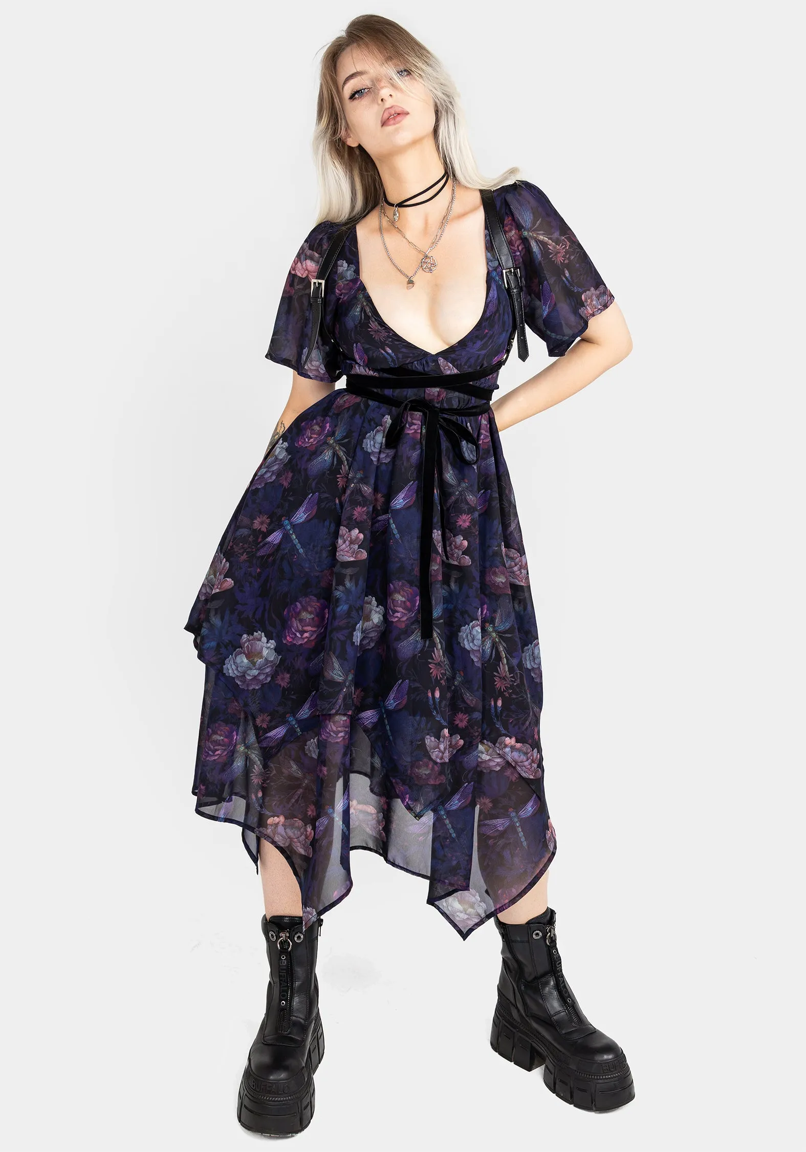 Dragonfly Floral Print Chiffon Handkerchief Hem Dress