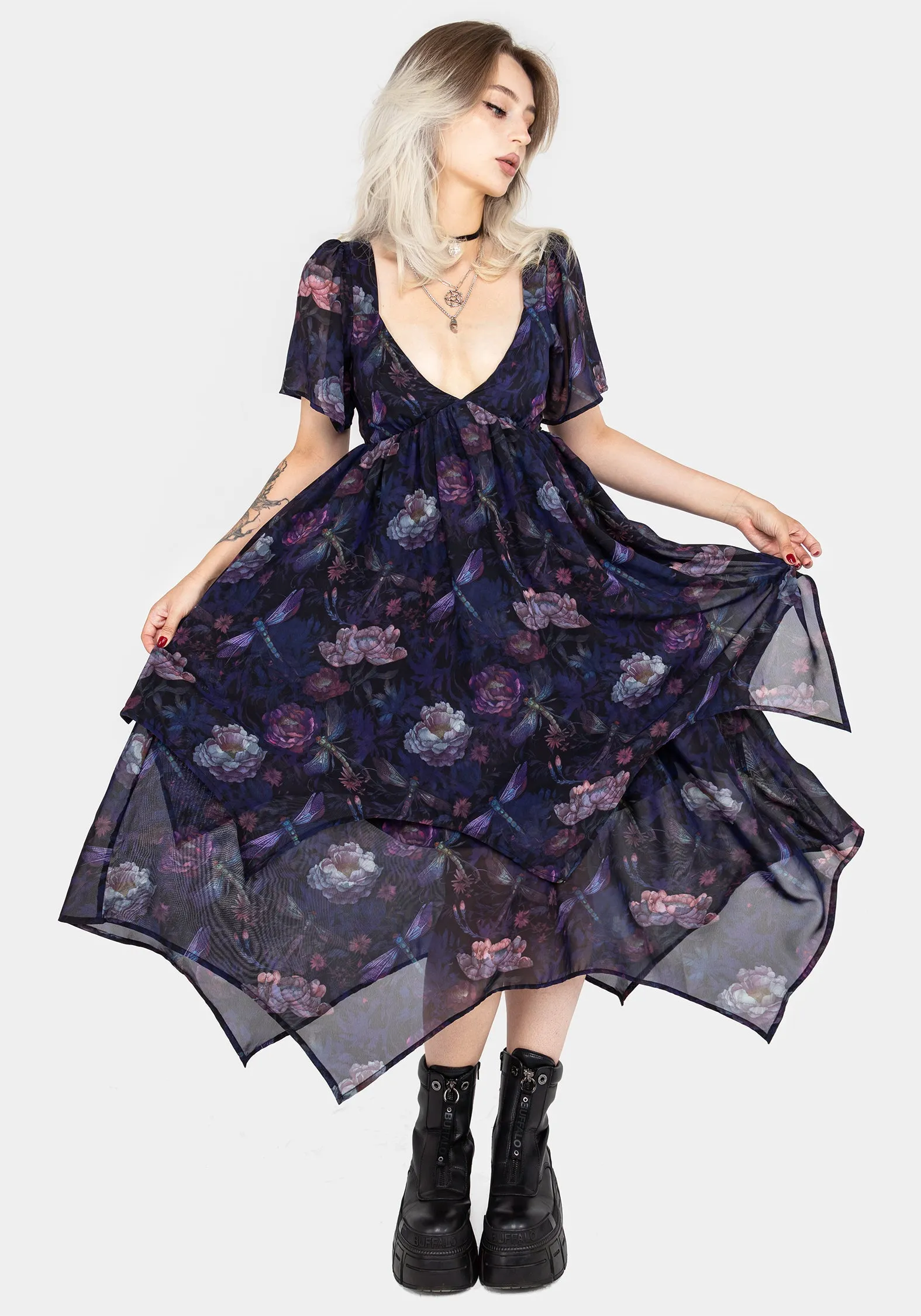 Dragonfly Floral Print Chiffon Handkerchief Hem Dress