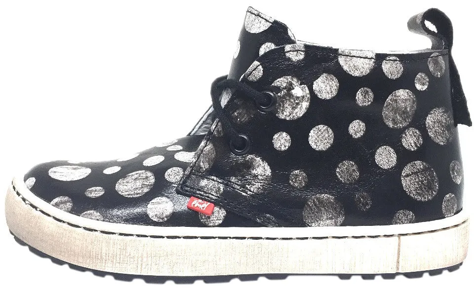 Emel Girl's & Boy's Black Polka Dot Smooth Leather High Top Sneaker with Distressed Sole