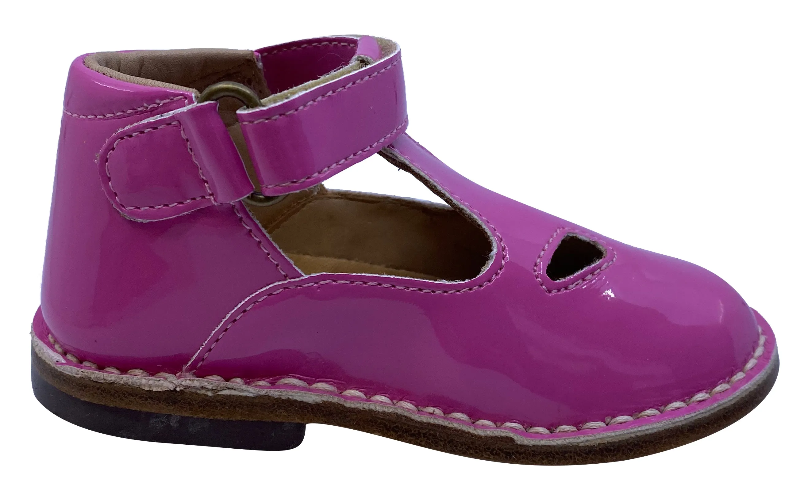 Eureka Girl's Handcrafted Due Occhi Leather T-Strap Shoes, Fuchsia Patent