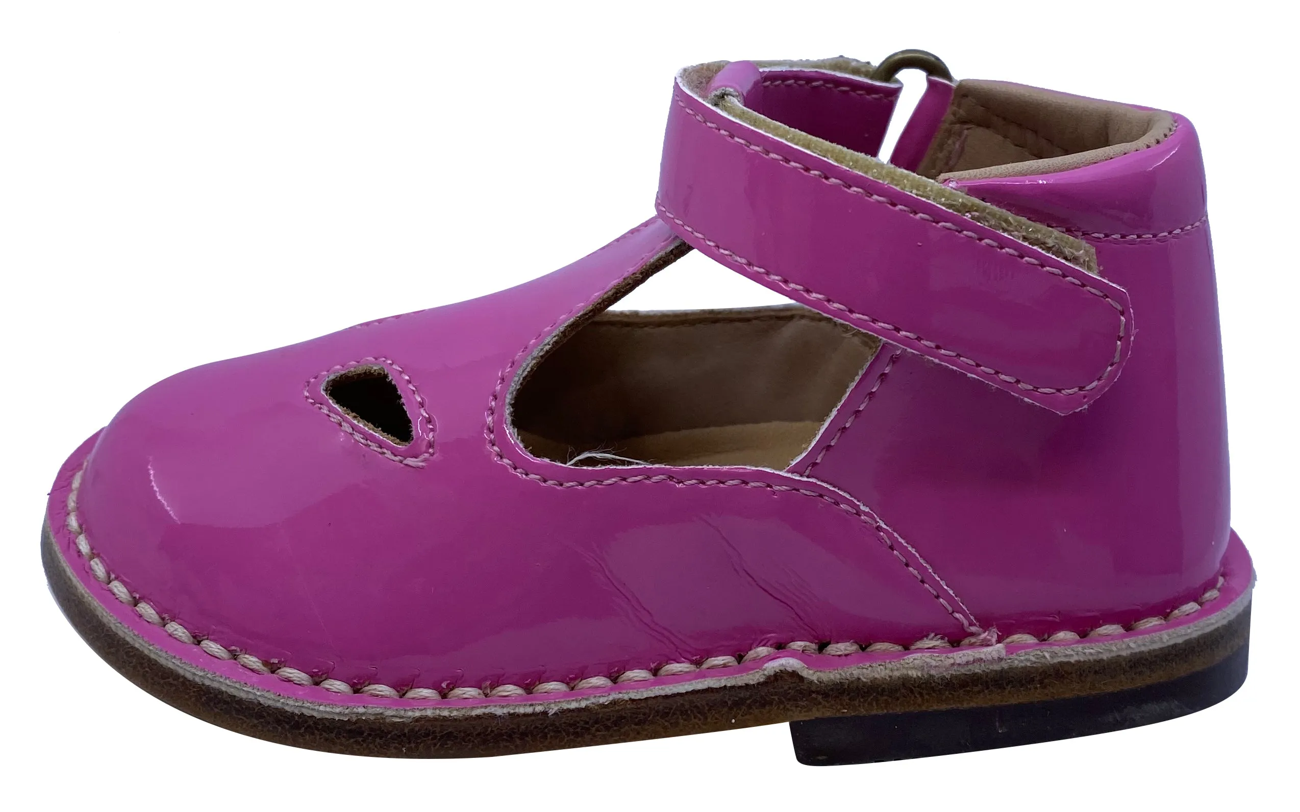 Eureka Girl's Handcrafted Due Occhi Leather T-Strap Shoes, Fuchsia Patent